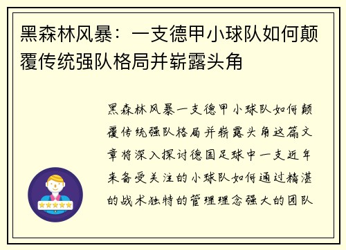 黑森林风暴：一支德甲小球队如何颠覆传统强队格局并崭露头角
